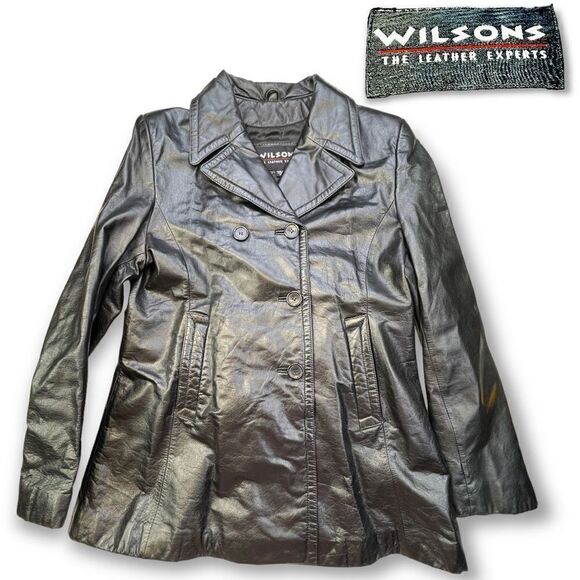 Vintage 90s Ladies Wilsons Leather Double Breasted Jacket Black Medium - Picture 1 of 8